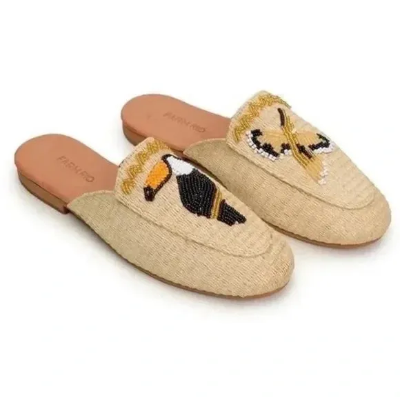 FARM RIO TOUCAN BEADED RAFFIA MULES