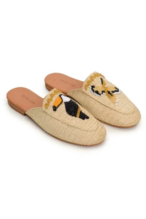 FARM RIO TOUCAN BEADED RAFFIA MULES
