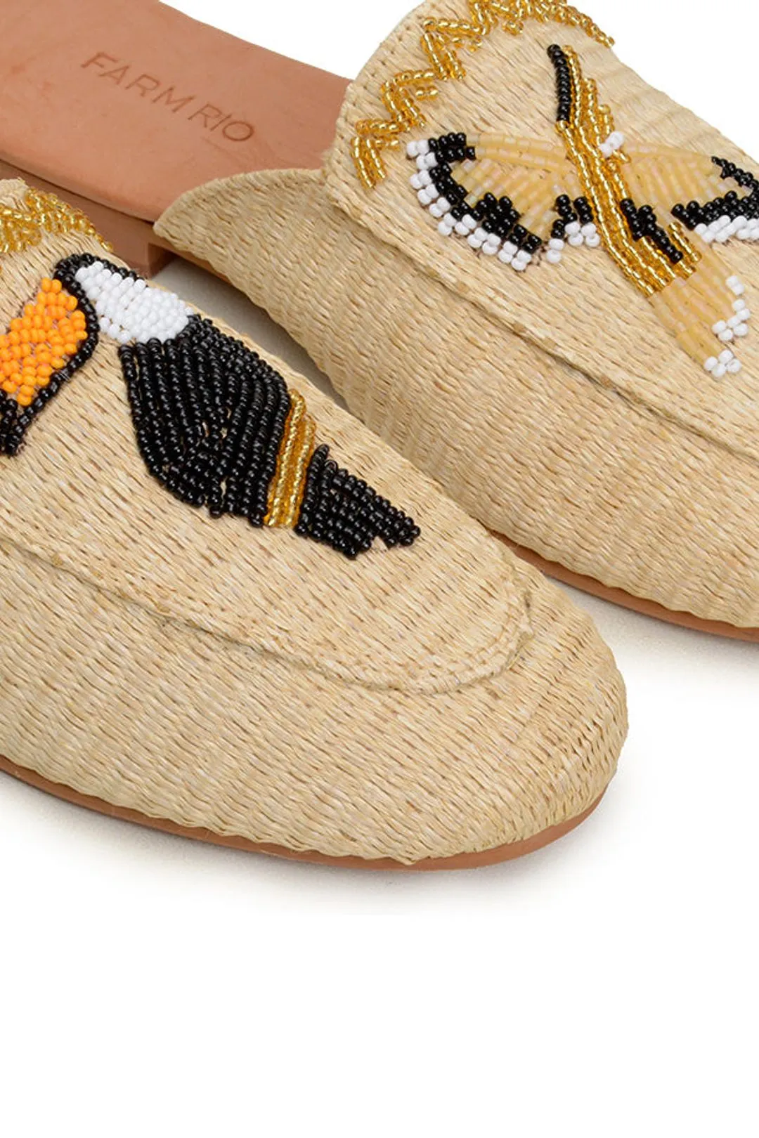 FARM RIO TOUCAN BEADED RAFFIA MULES