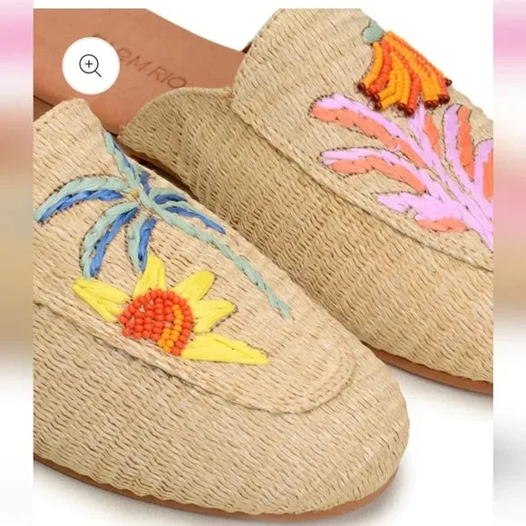 FARM RIO TROPICAL BEADED RAFFIA MULES