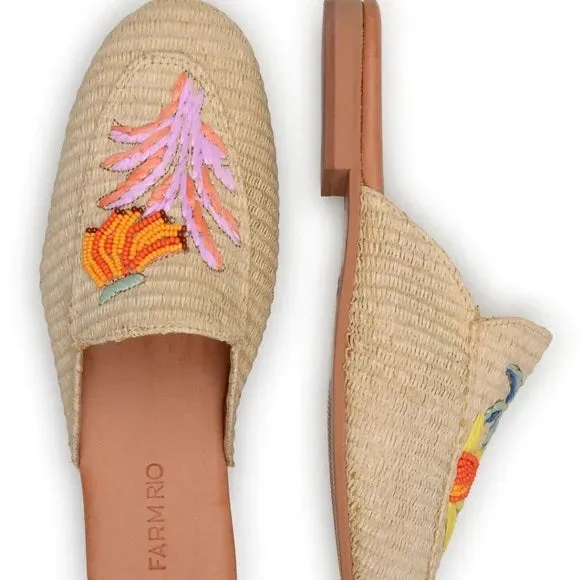FARM RIO TROPICAL BEADED RAFFIA MULES