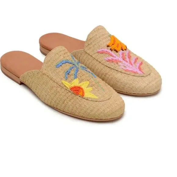FARM RIO TROPICAL BEADED RAFFIA MULES