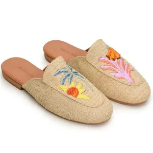FARM RIO TROPICAL BEADED RAFFIA MULES
