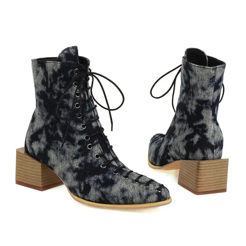 Fashion Mid-heel Square Toe Snake Front Lace-up Low-top Women's Boots