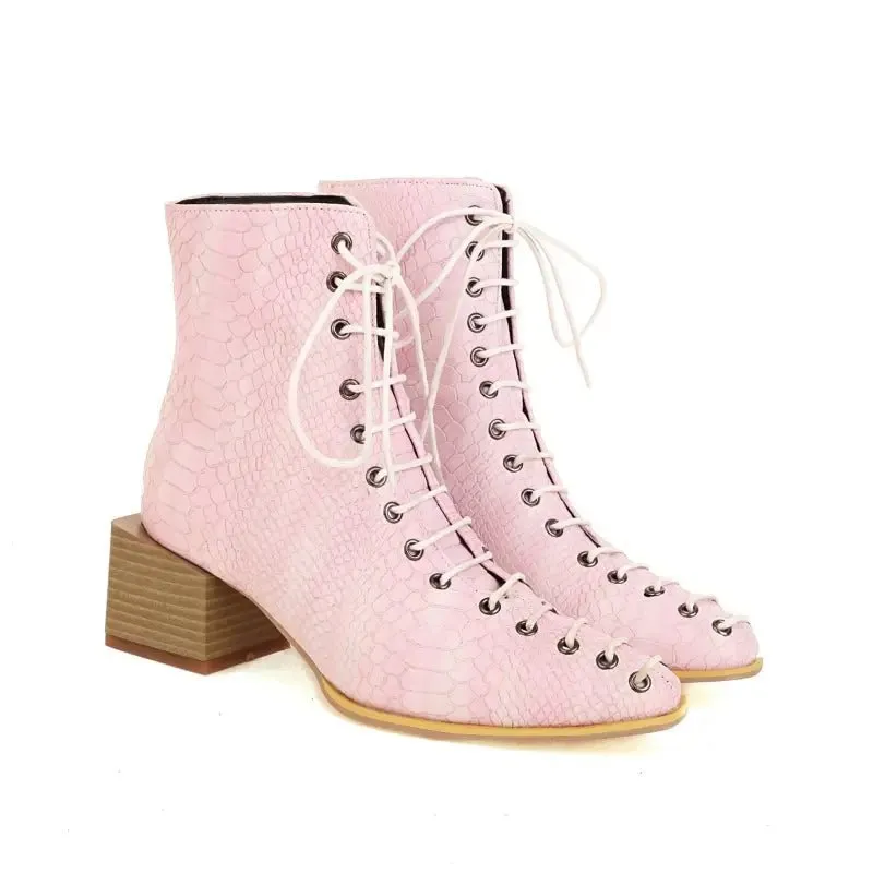 Fashion Mid-heel Square Toe Snake Front Lace-up Low-top Women's Boots