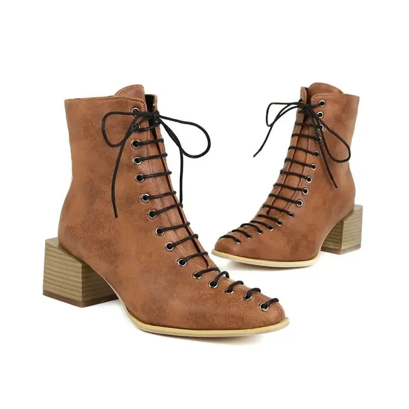 Fashion Mid-heel Square Toe Snake Front Lace-up Low-top Women's Boots