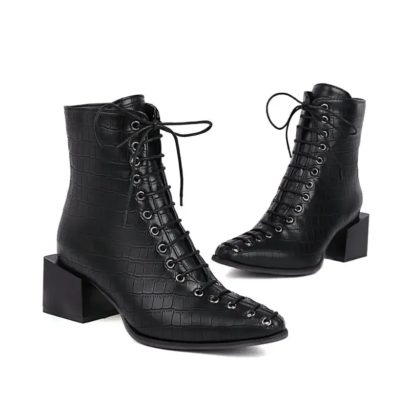 Fashion Mid-heel Square Toe Snake Front Lace-up Low-top Women's Boots