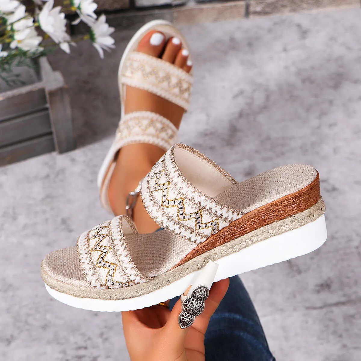 Fashion Wavy Pattern Woven Sandals Summer Casual Ethnic Style Slippers Linen Bottom Wide Strap Wedges Shoes For Women