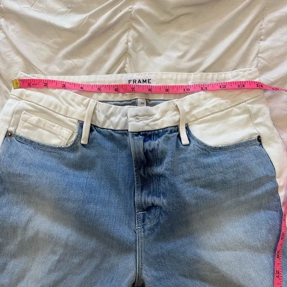 Frame Two Toned Le Crop Mini Boot in Blue and white denim- Size 29