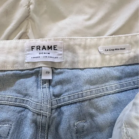 Frame Two Toned Le Crop Mini Boot in Blue and white denim- Size 29