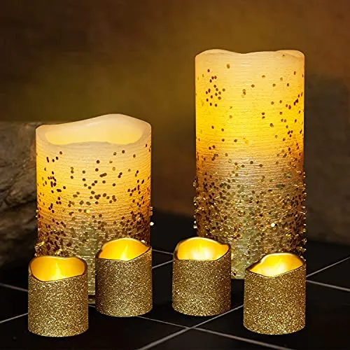 Furora LIGHTING Gold Flameless Candles Remote Controlled, Set of 8, Real Wax Battery Operated Pillars and Votives LED Candles with Flickering Flame and Timer Featured, Christmas and Fall Centerpieces