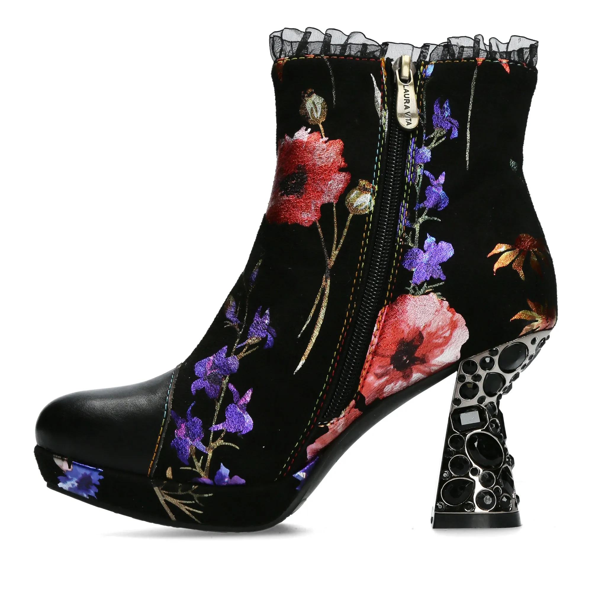 Gem Studded High Heel Floral Hicao 33 Ankle Boots