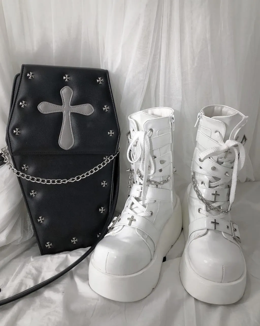 GIGIFOX Platform Gothic Ankle Combat Boots: Rivet Chain Wedges, Buckle, and Zip Closure