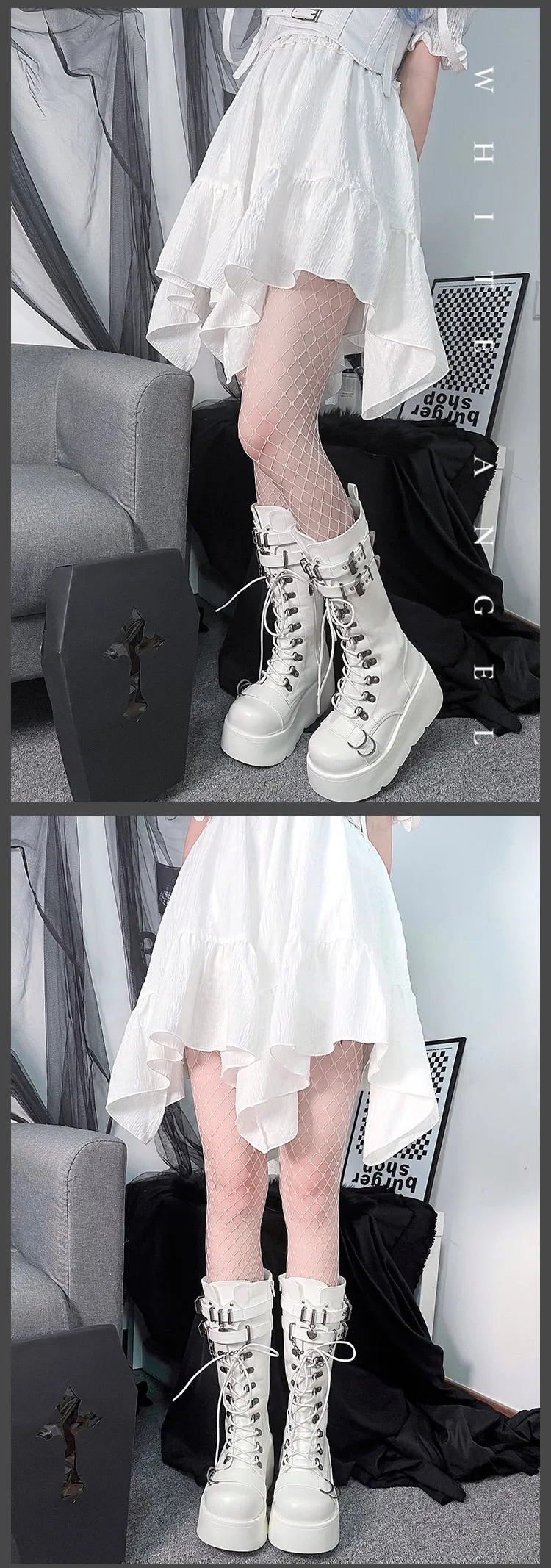 GIGIFOX Platform Gothic Ankle Combat Boots: Rivet Chain Wedges, Buckle, and Zip Closure