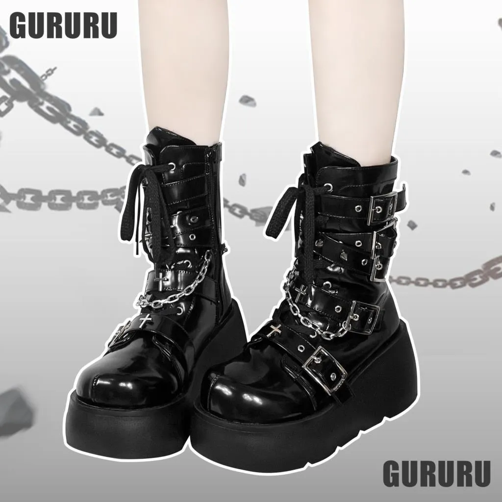 GIGIFOX Platform Gothic Ankle Combat Boots: Rivet Chain Wedges, Buckle, and Zip Closure