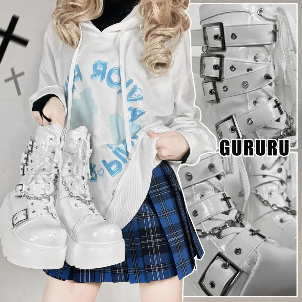 GIGIFOX Platform Gothic Ankle Combat Boots: Rivet Chain Wedges, Buckle, and Zip Closure