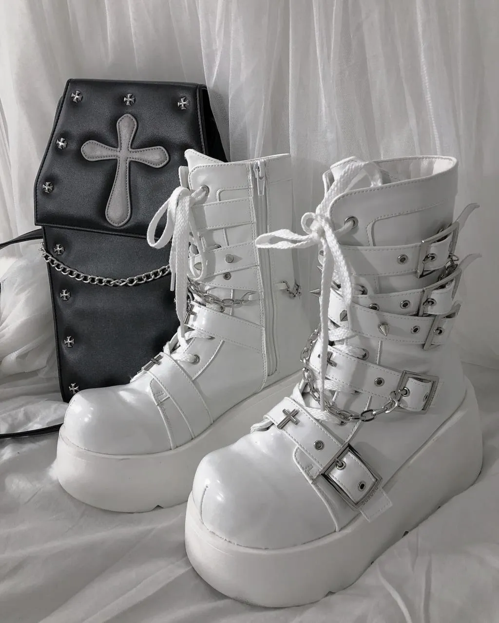 GIGIFOX Platform Gothic Ankle Combat Boots: Rivet Chain Wedges, Buckle, and Zip Closure