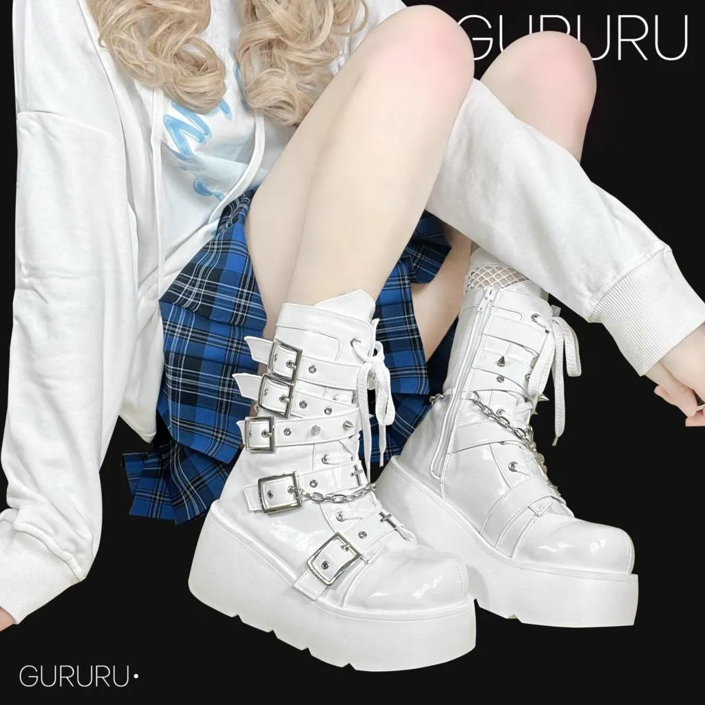 GIGIFOX Platform Gothic Ankle Combat Boots: Rivet Chain Wedges, Buckle, and Zip Closure