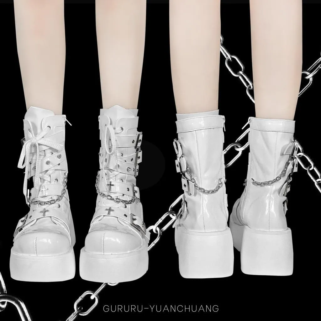GIGIFOX Platform Gothic Ankle Combat Boots: Rivet Chain Wedges, Buckle, and Zip Closure