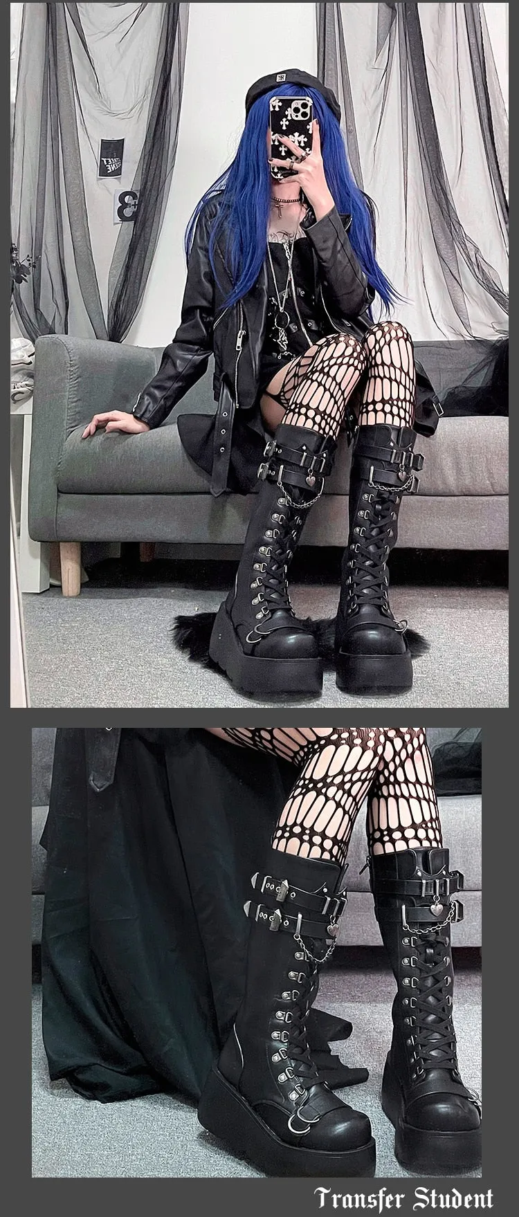 GIGIFOX Platform Gothic Ankle Combat Boots: Rivet Chain Wedges, Buckle, and Zip Closure