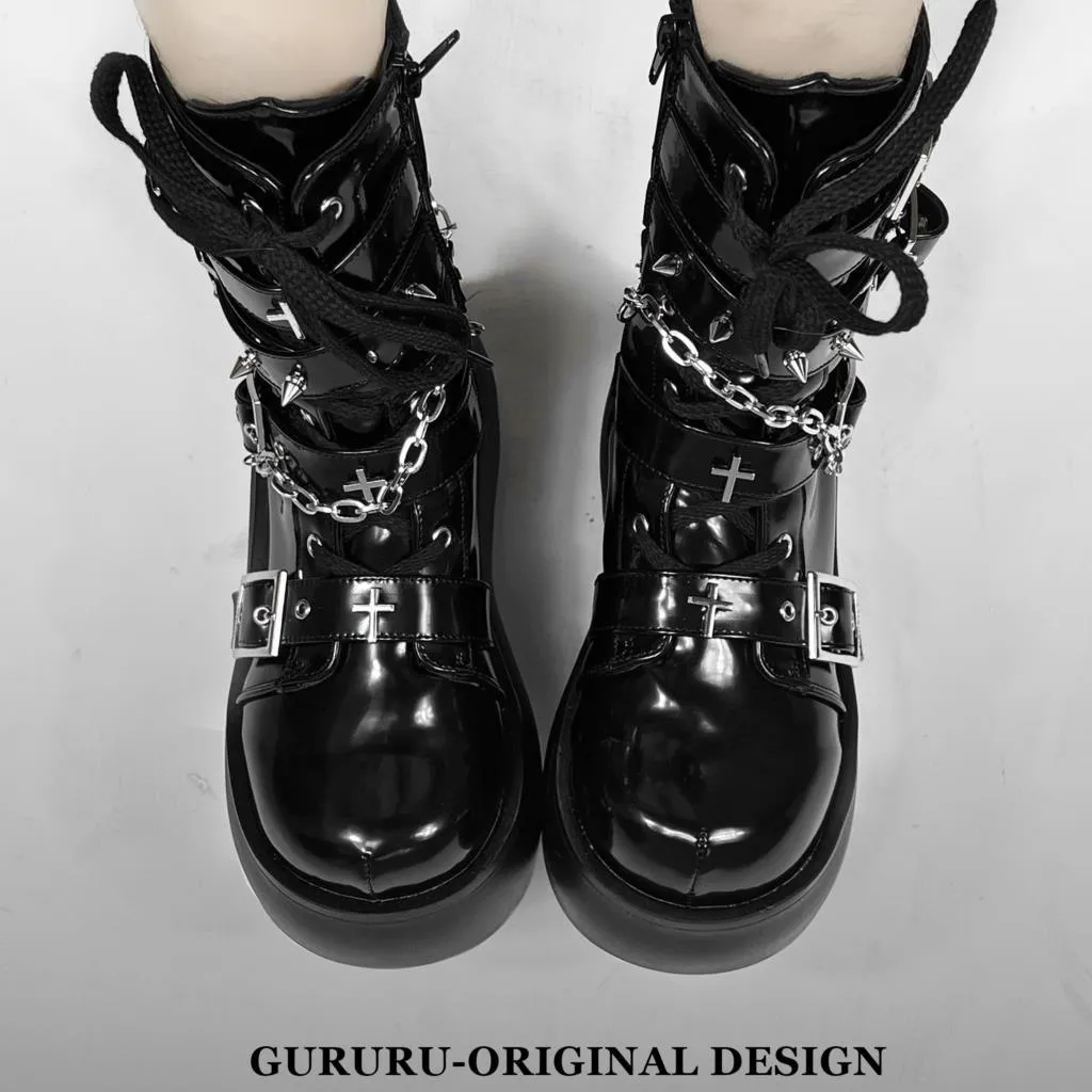 GIGIFOX Platform Gothic Ankle Combat Boots: Rivet Chain Wedges, Buckle, and Zip Closure