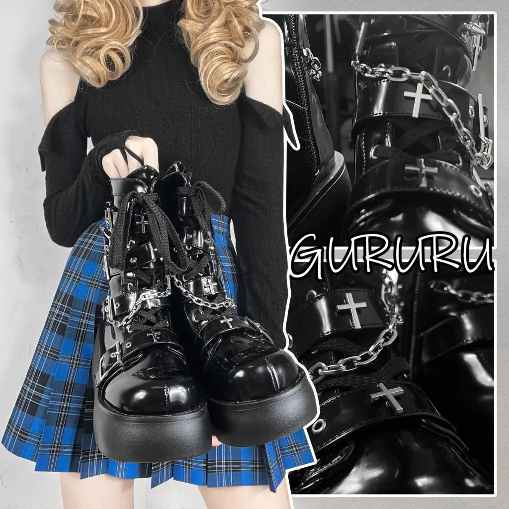 GIGIFOX Platform Gothic Ankle Combat Boots: Rivet Chain Wedges, Buckle, and Zip Closure