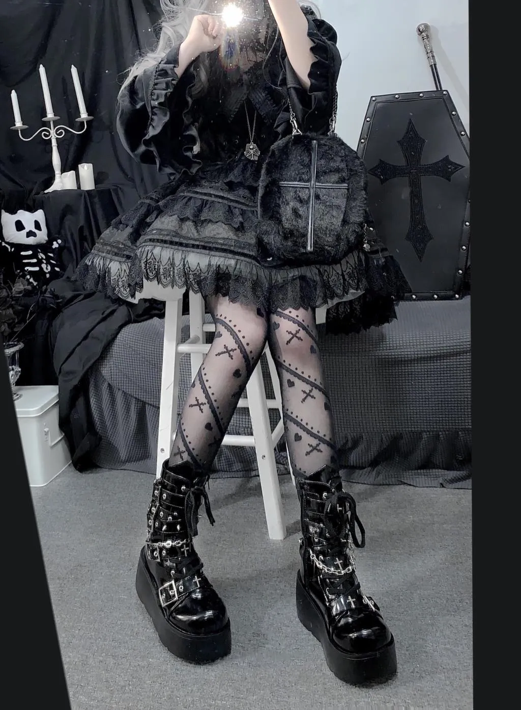 GIGIFOX Platform Gothic Ankle Combat Boots: Rivet Chain Wedges, Buckle, and Zip Closure
