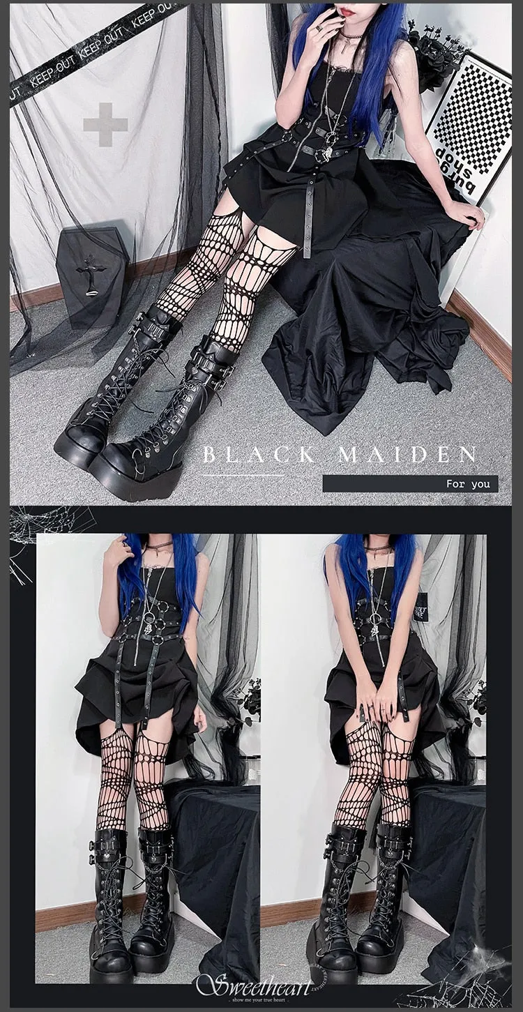 GIGIFOX Platform Gothic Ankle Combat Boots: Rivet Chain Wedges, Buckle, and Zip Closure