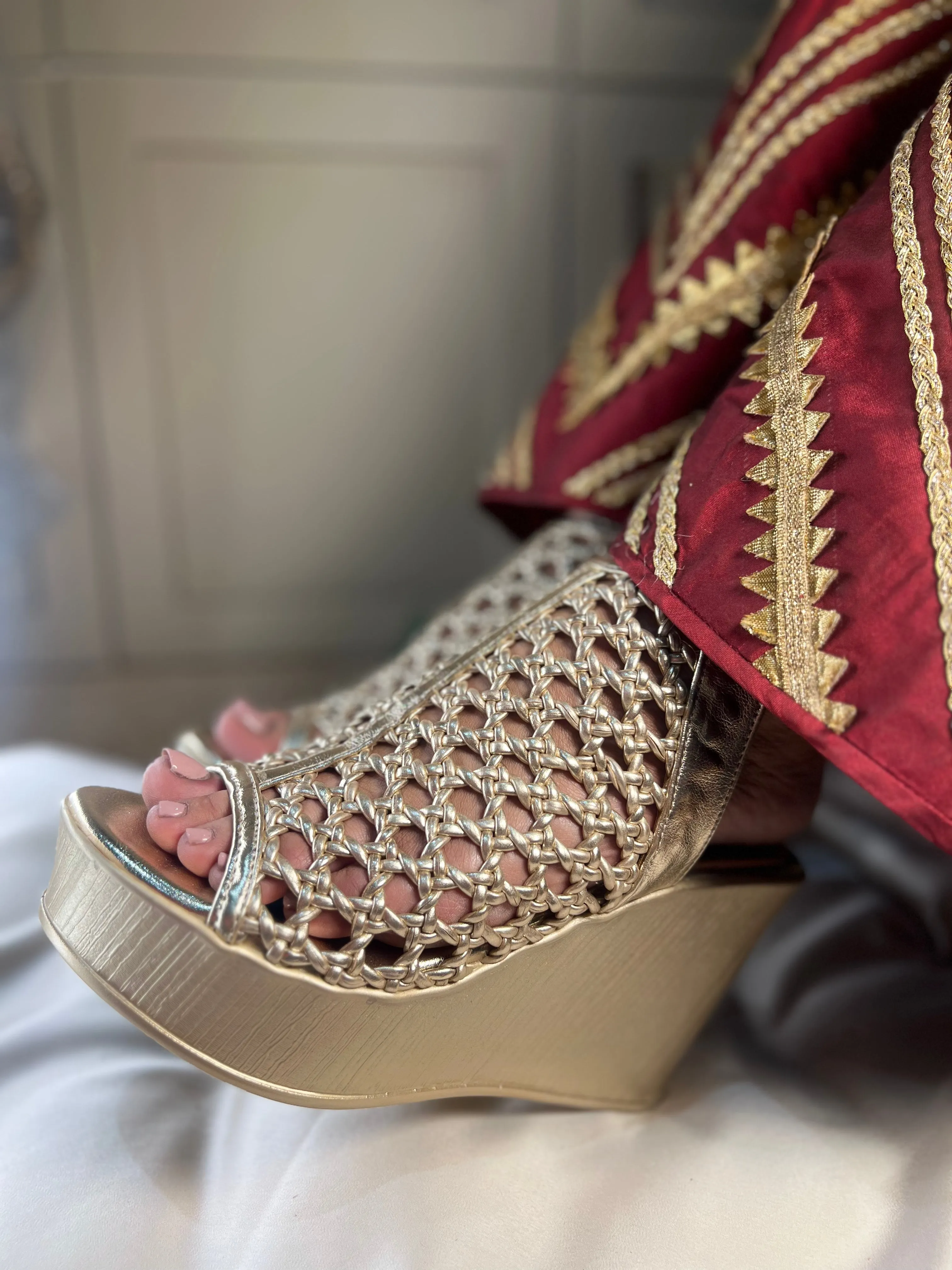 Gold Woven Peep-Toe Wedge Heels
