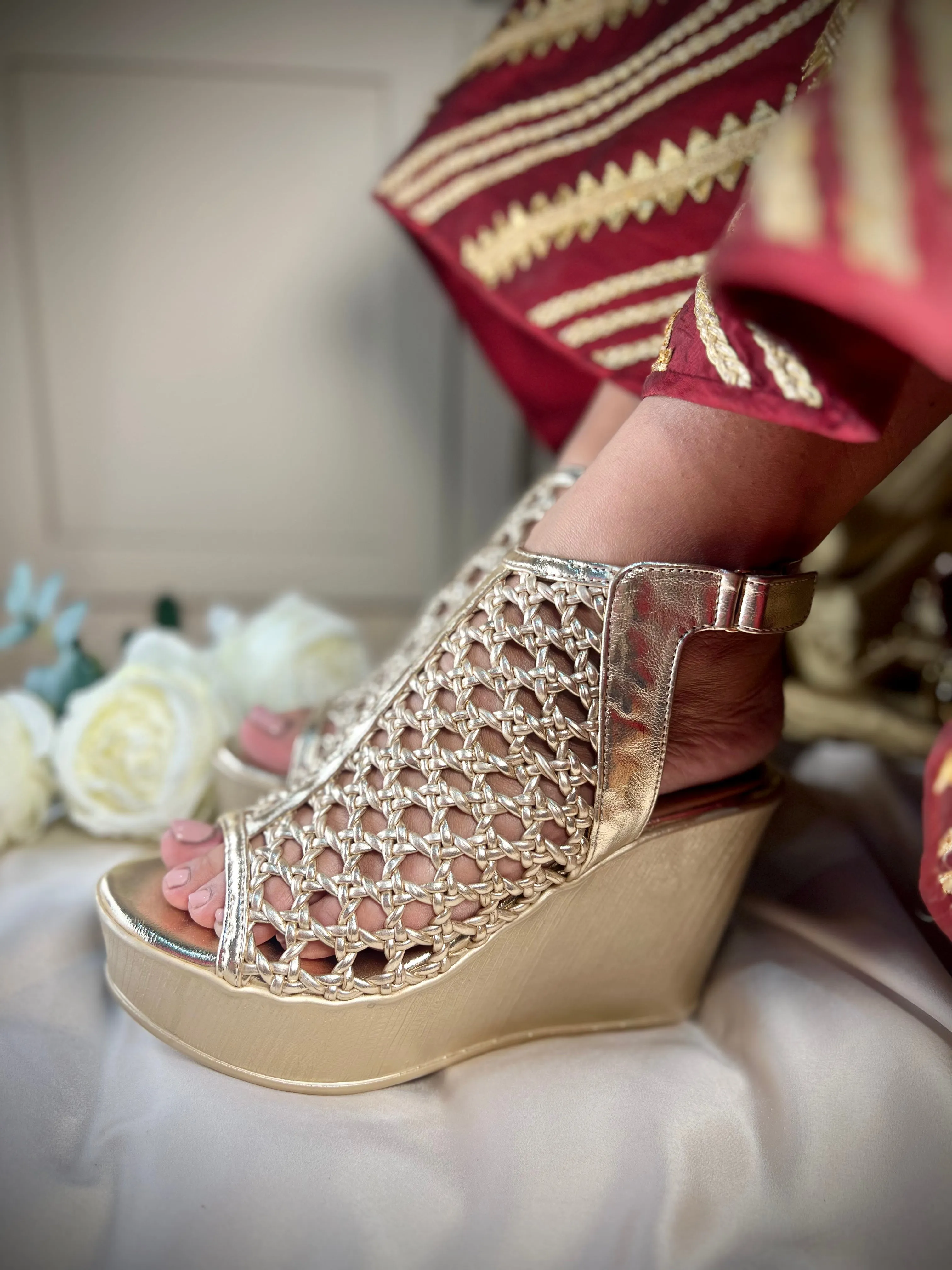 Gold Woven Peep-Toe Wedge Heels