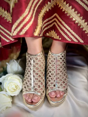 Gold Woven Peep-Toe Wedge Heels