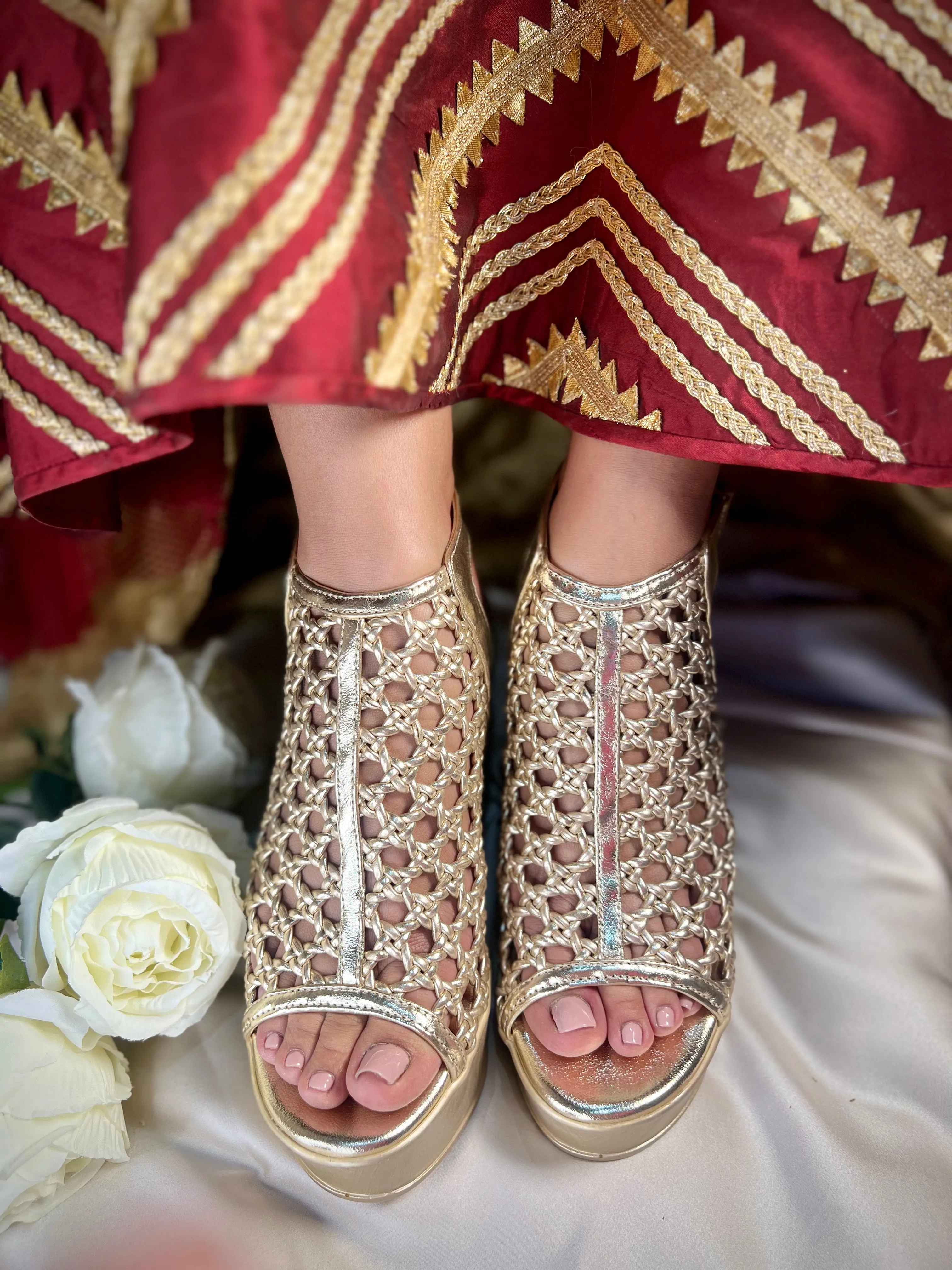 Gold Woven Peep-Toe Wedge Heels