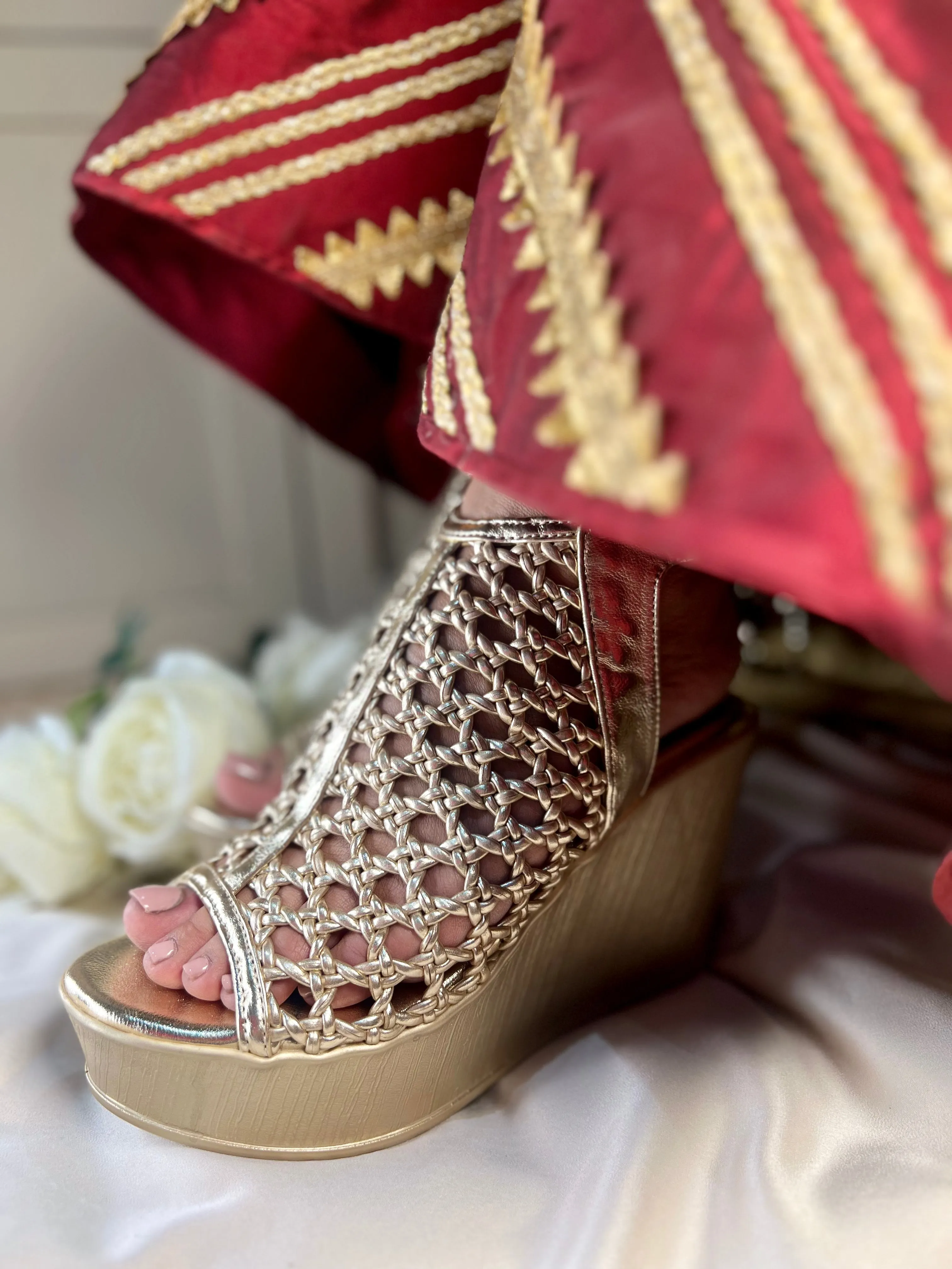 Gold Woven Peep-Toe Wedge Heels