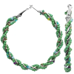 Green Intertwined Beaded Hoop Earrings