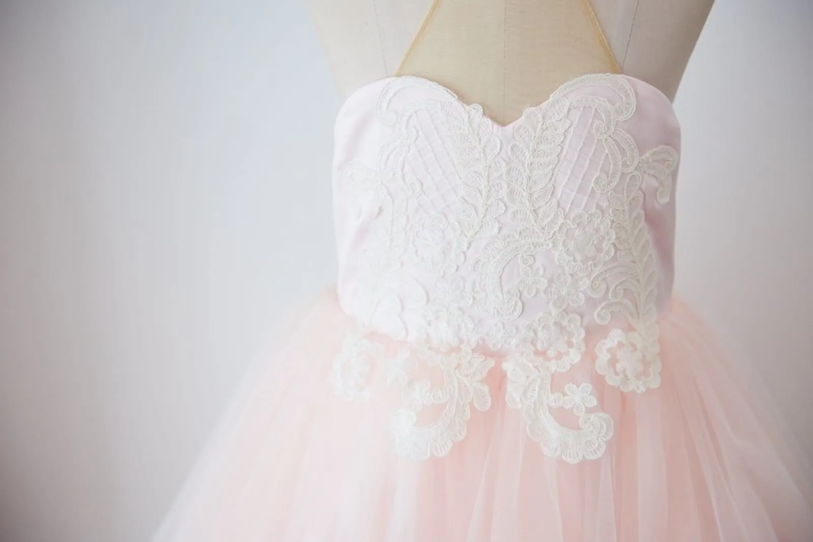 Halter Neckline Ivory Lace Pink Tulle Sheer Back Wedding Flower Girl Dress