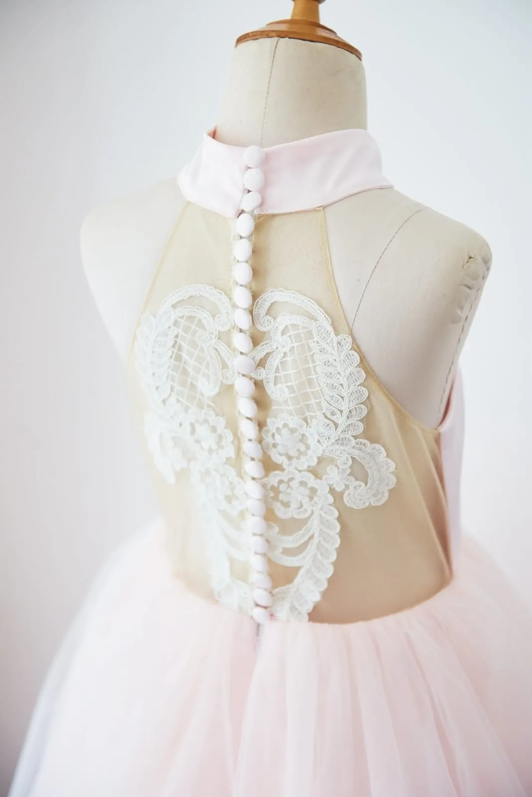 Halter Neckline Ivory Lace Pink Tulle Sheer Back Wedding Flower Girl Dress