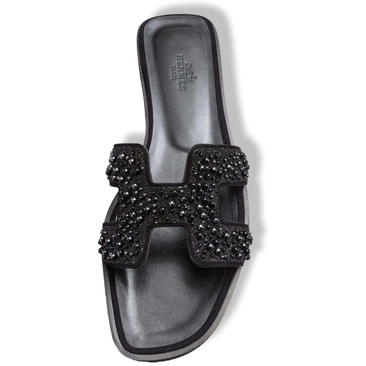 Hermes Women's Black Pearls & Crystals Sparkling ORAN Flat Slides Sandals Size 37 BNIB!
