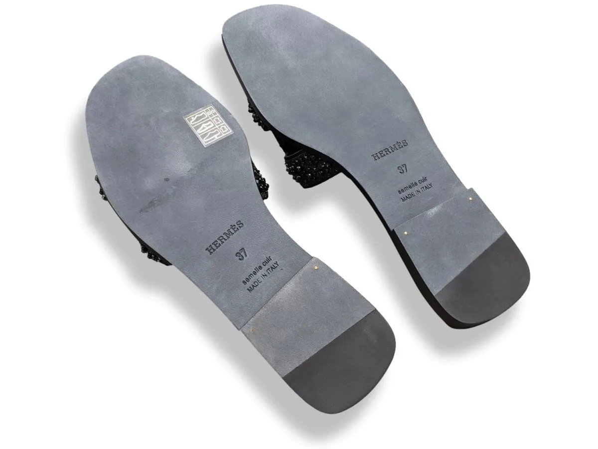 Hermes Women's Black Pearls & Crystals Sparkling ORAN Flat Slides Sandals Size 37 BNIB!