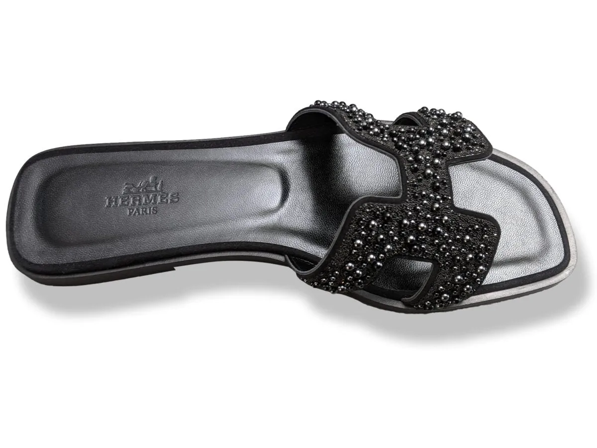 Hermes Women's Black Pearls & Crystals Sparkling ORAN Flat Slides Sandals Size 37 BNIB!