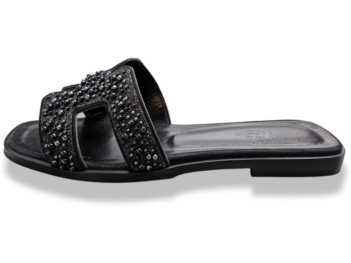 Hermes Women's Black Pearls & Crystals Sparkling ORAN Flat Slides Sandals Size 37 BNIB!