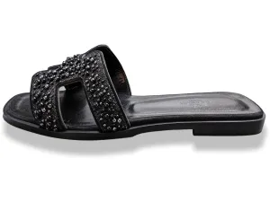 Hermes Women's Black Pearls & Crystals Sparkling ORAN Flat Slides Sandals Size 37 BNIB!