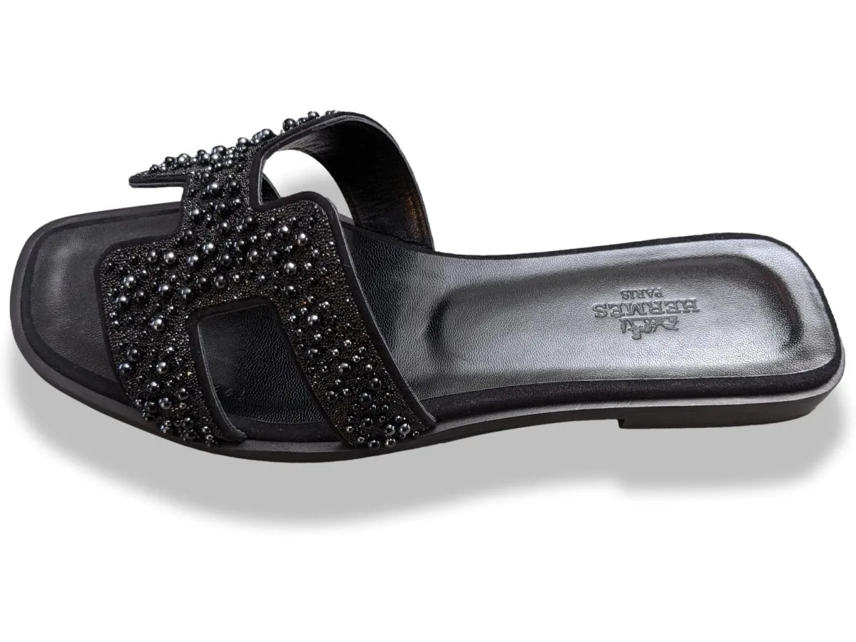 Hermes Women's Black Pearls & Crystals Sparkling ORAN Flat Slides Sandals Size 37 BNIB!
