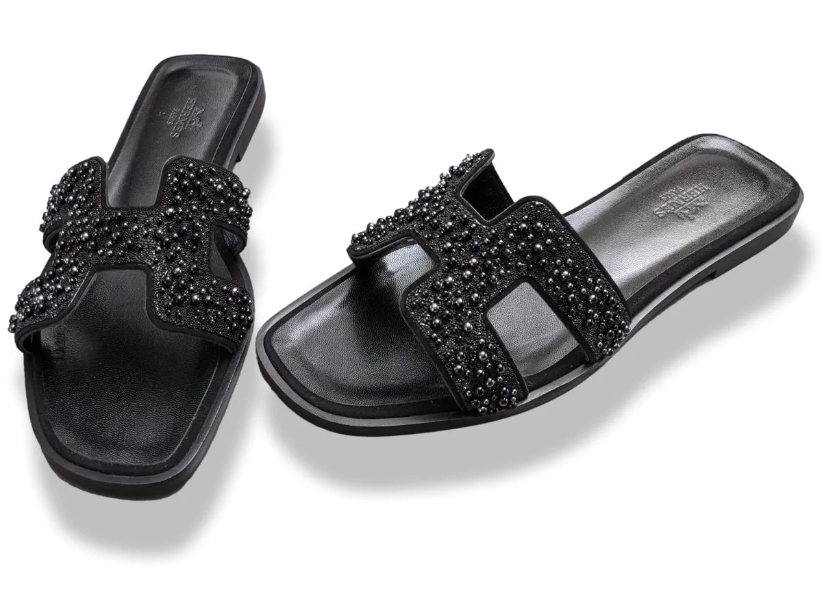 Hermes Women's Black Pearls & Crystals Sparkling ORAN Flat Slides Sandals Size 37 BNIB!