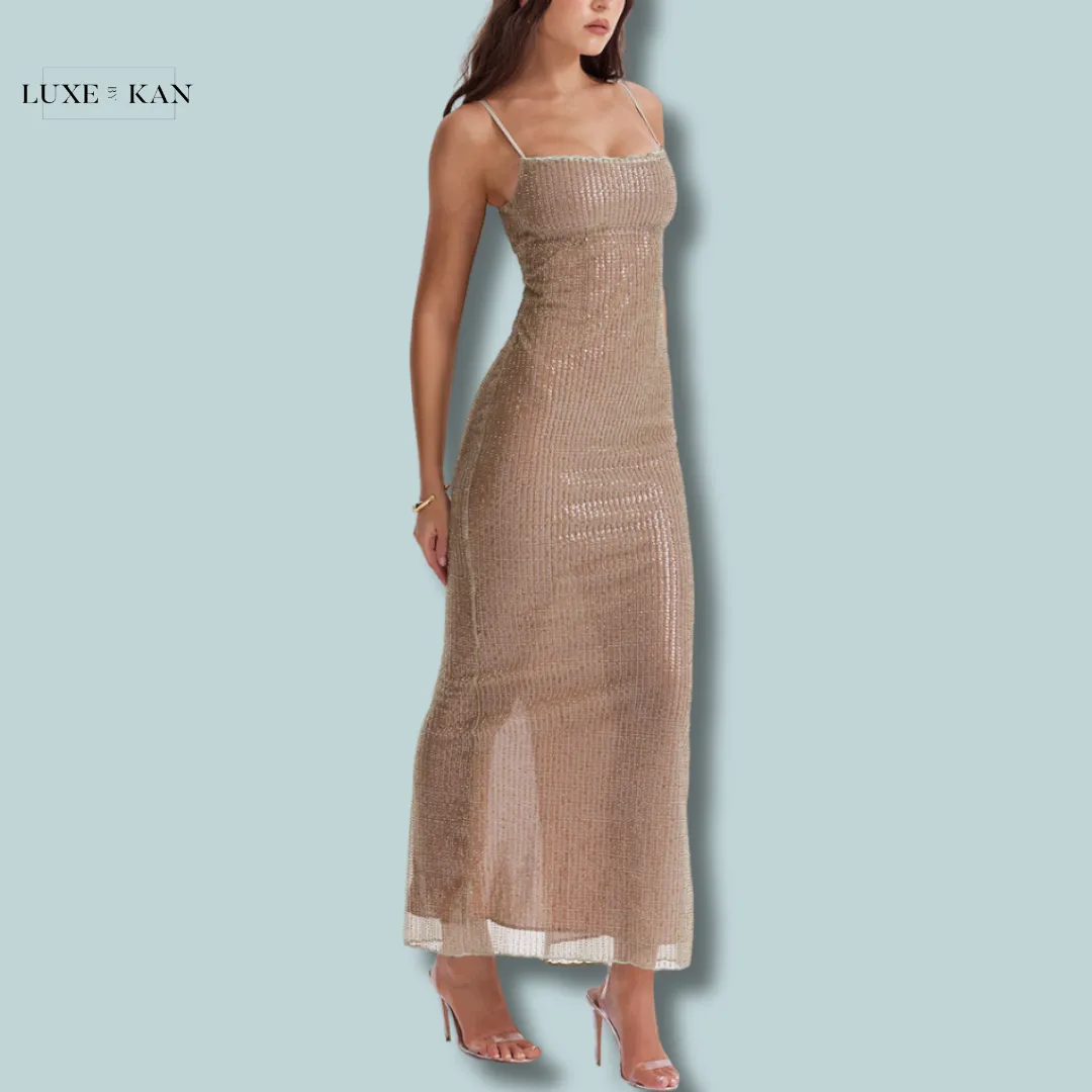 House of CB ALONDRA 
CAFE AU LAIT BEADED MAXI DRESS - LIMITED EDITION