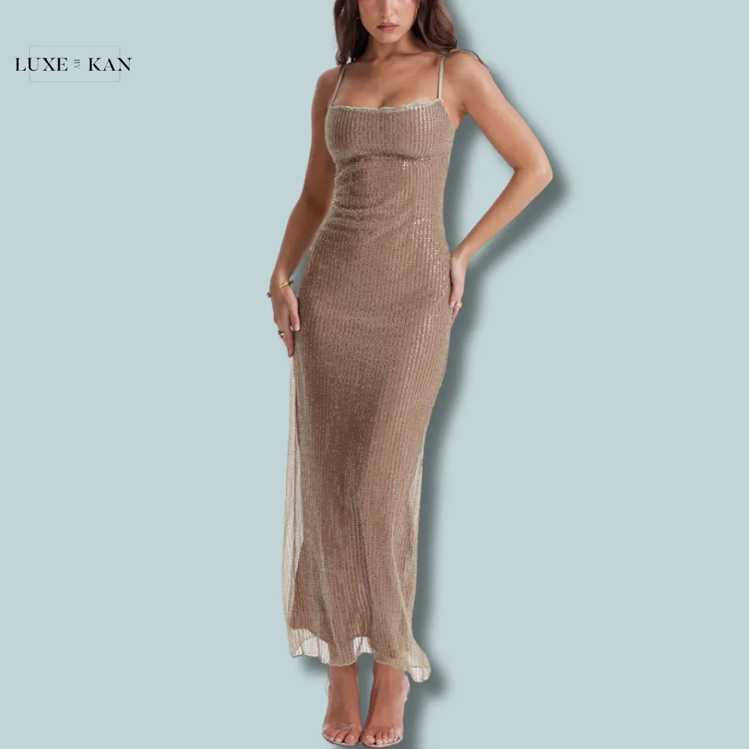 House of CB ALONDRA 
CAFE AU LAIT BEADED MAXI DRESS - LIMITED EDITION