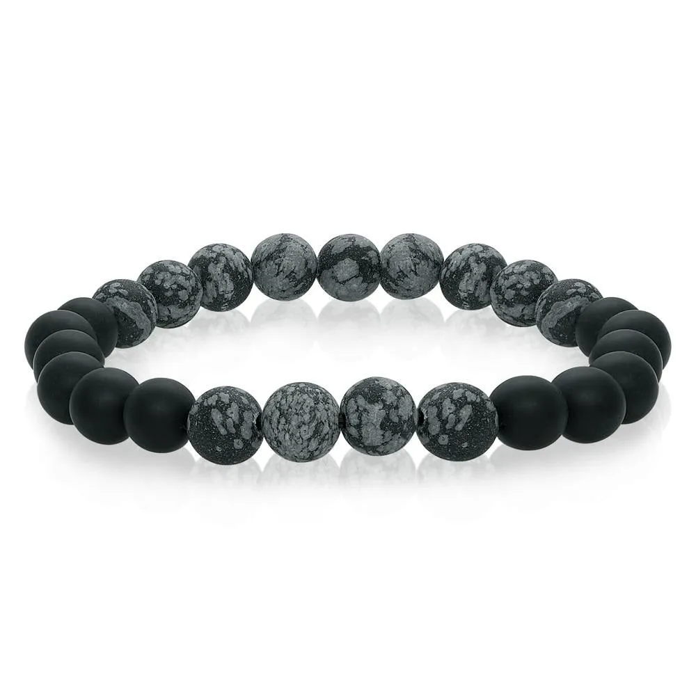 Italgem Grey Marble Matte and Black Onyx Beaded Stretch Bracelet