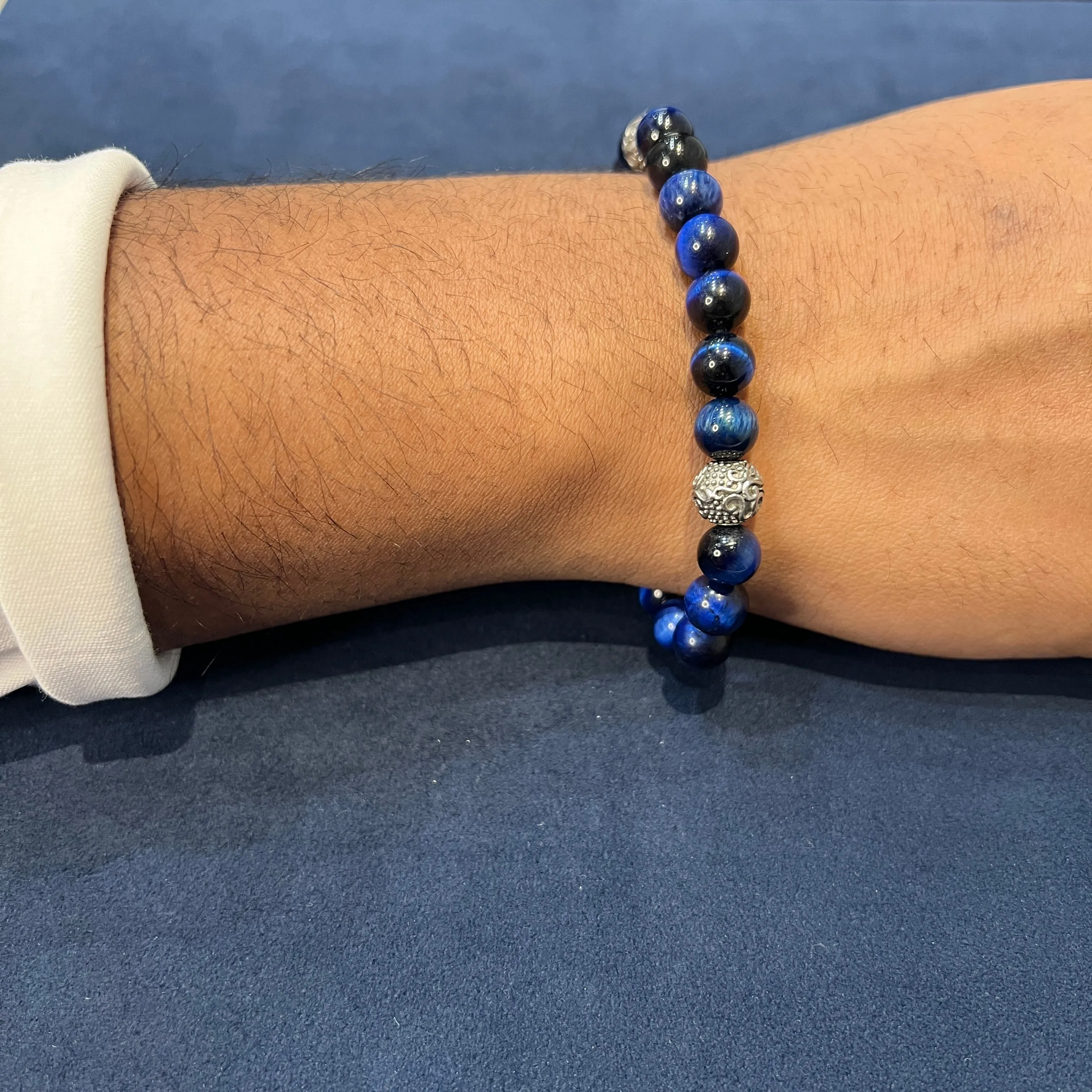 Italgem Stainless Steel Beads with Blue Tiger's Eye Beaded Stretch Bracelet