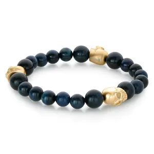 Italgem Stainless Steel Gold Plated Skull and Blue Tiger's Eye Beaded Stretch Bracelet