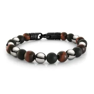 Italgem Stainless Steel Red Tiger's Eye, Hematite and Onyx Beaded Bracelet