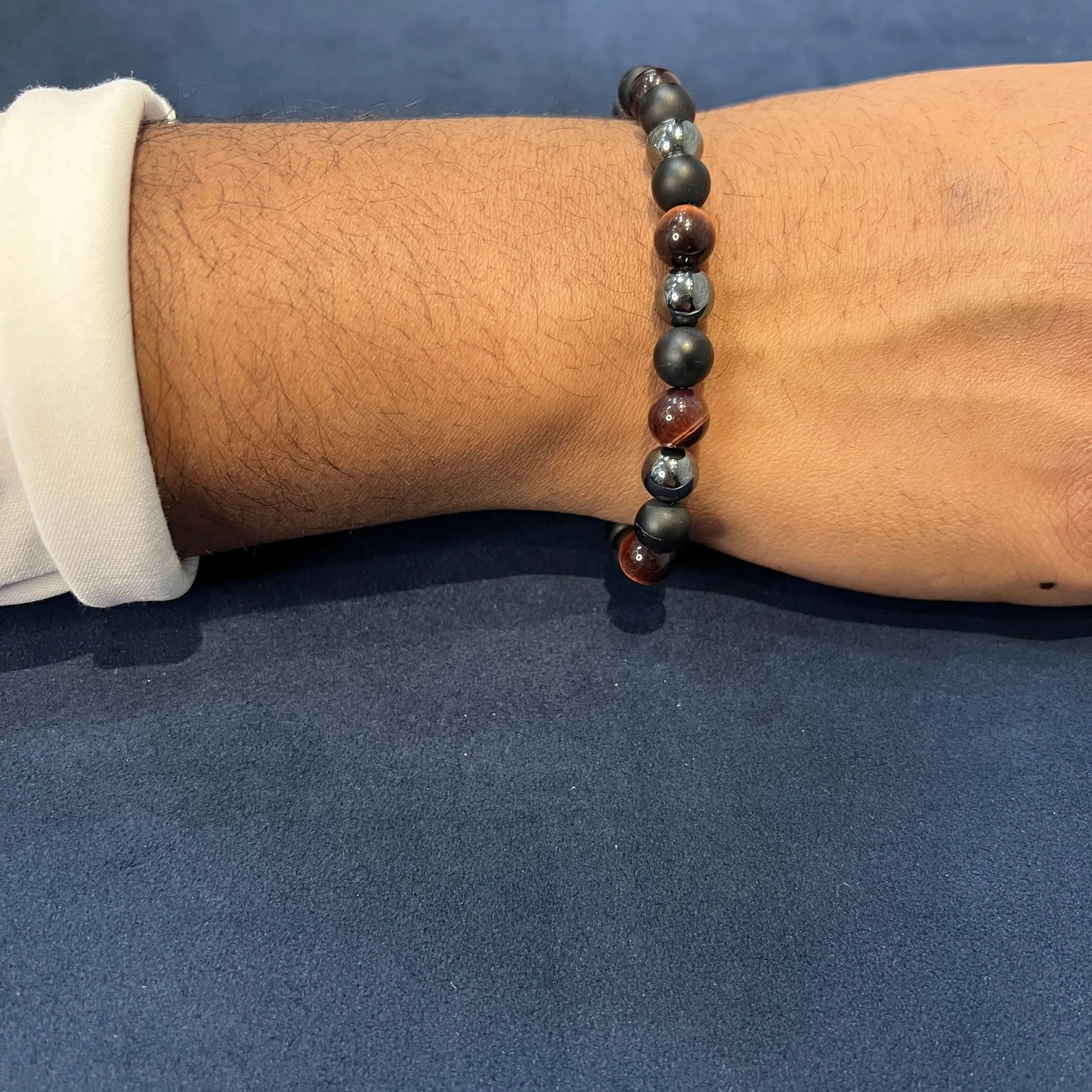 Italgem Stainless Steel Red Tiger's Eye, Hematite and Onyx Beaded Bracelet
